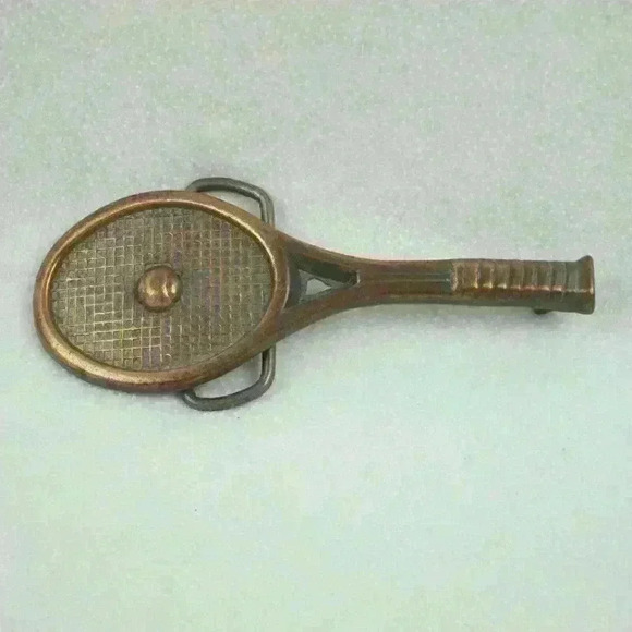 Vintage Belt Buckle Tennis Racquet & Ball Sport Gold Tone Metal RARE! - Picture 5 of 12